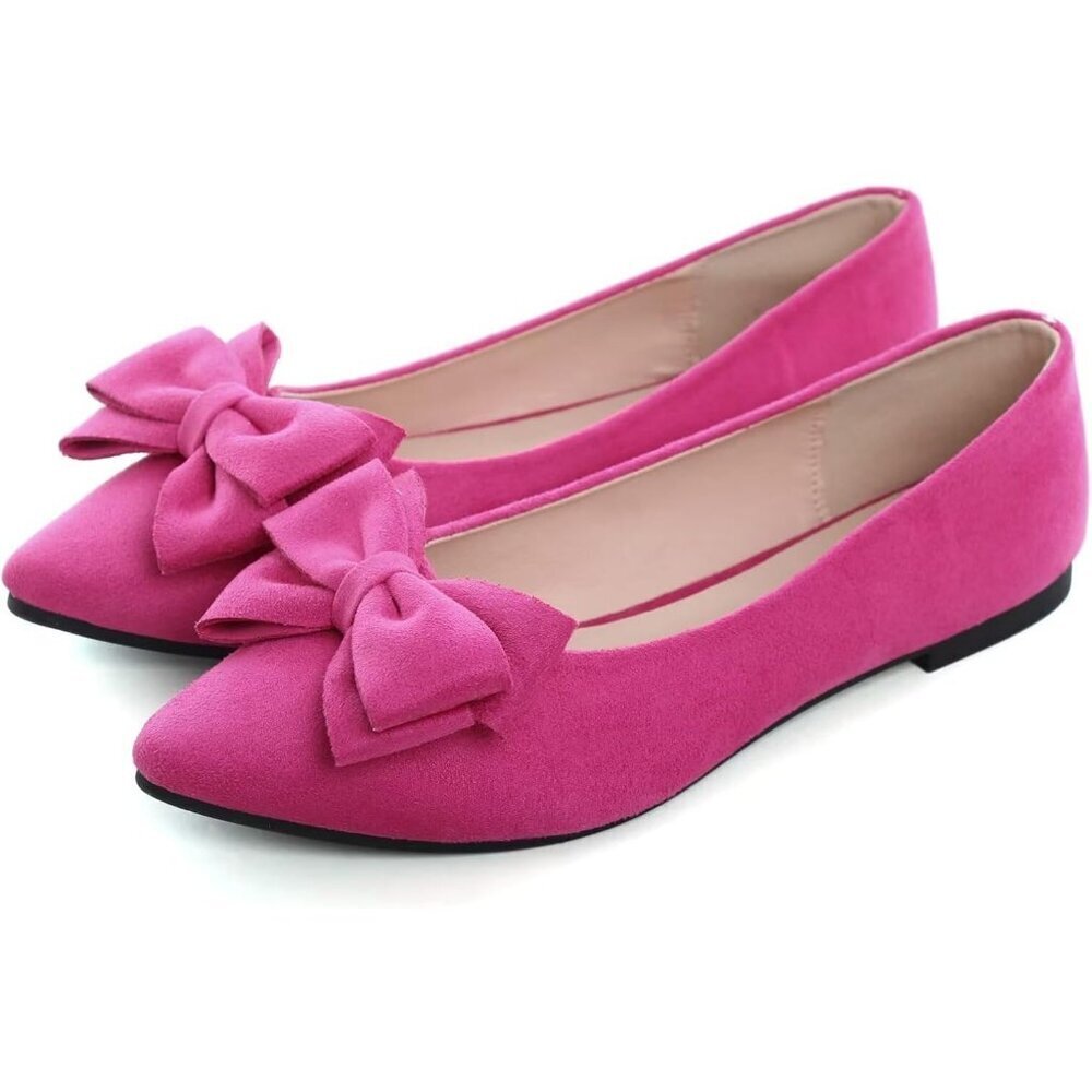 Women's Rose Pink Bowknot Ballet Flats Pointy Toe Casual Flat Shoes Suede - Picture 3 of 7